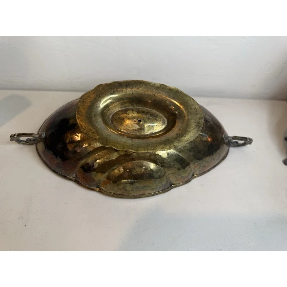 Vintage Hammered Brass Console Fruit Bowl with Side Handles & Scalloped Sides